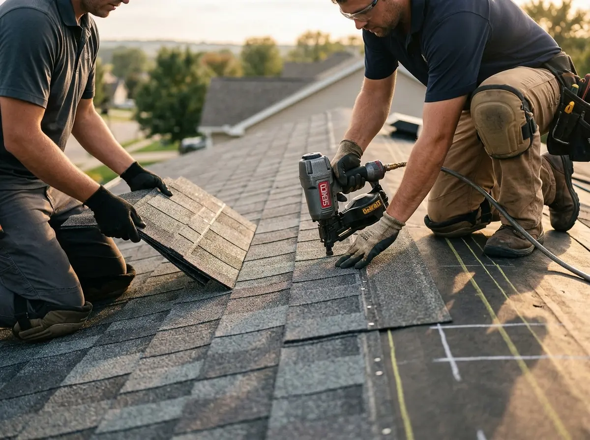 Professional roofer working on a residential roof in Mahtomedi